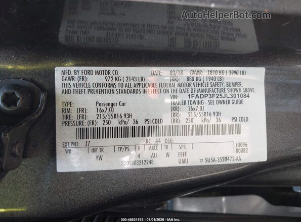 1FADP3F25JL301084 2018 FORD FOCUS Gray ძრავის განყოფილების ხედი