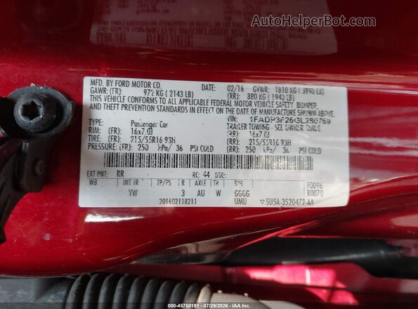 1FADP3F26GL280769 2016 FORD FOCUS Red Շարժիչի բաժամունքի տեսք