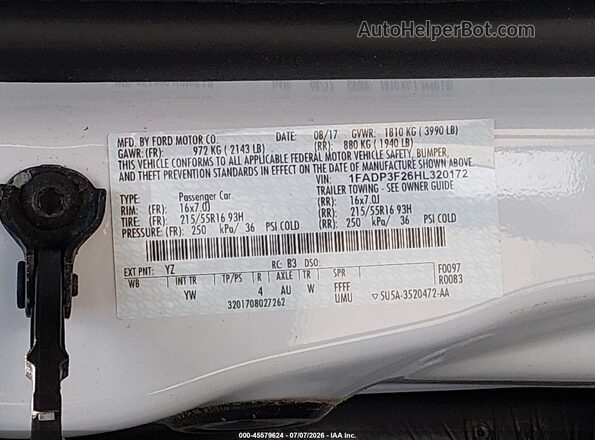 1FADP3F26HL320172 2017 FORD FOCUS White Engine compartment view