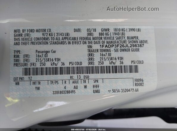 1FADP3F26JL298387 2018 FORD FOCUS White Вид підкапотного простору