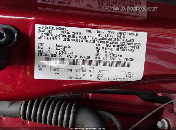 1FADP3F27GL219298 2016 FORD FOCUS Red Widok komory silnika