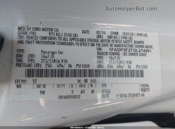 1FADP3F27GL274981 2016 FORD FOCUS Белый Вид подкапотного пространства