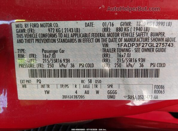 1FADP3F27GL275743 2016 FORD FOCUS Red Շարժիչի բաժամունքի տեսք