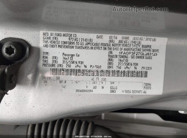 1FADP3F27GL283129 2016 FORD FOCUS Silver Widok komory silnika