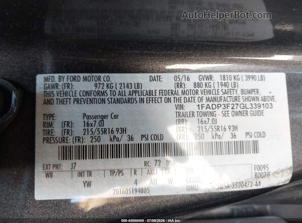 1FADP3F27GL339103 2016 FORD FOCUS Gray Շարժիչի բաժամունքի տեսք