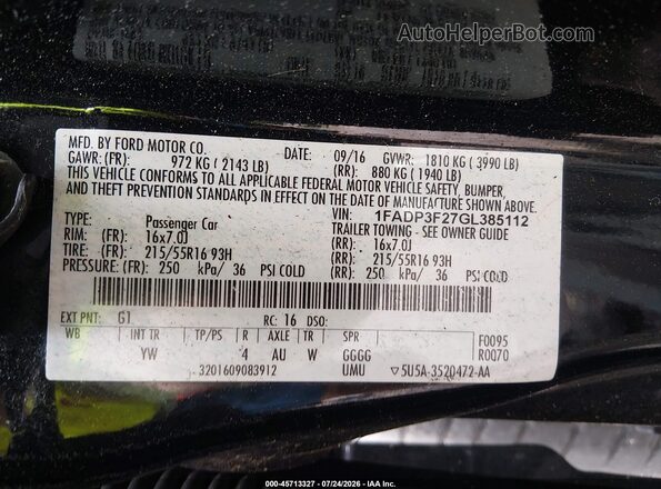 1FADP3F27GL385112 2016 FORD FOCUS Black Widok komory silnika