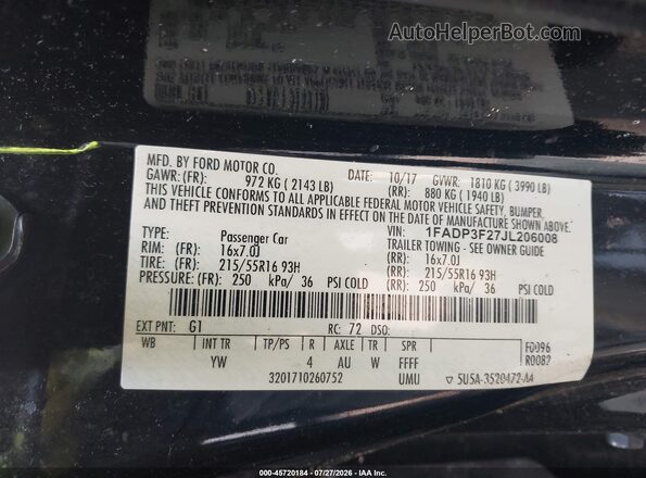 1FADP3F27JL206008 2018 FORD FOCUS Black Vista del compartimento del motor