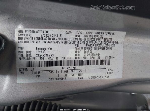 1FADP3F27JL206123 2018 FORD FOCUS Серебряный Вид подкапотного пространства