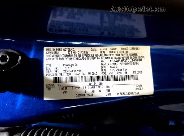 1FADP3F27JL245990 2018 FORD FOCUS Blue VIN კოდის სტიკერის ხედი