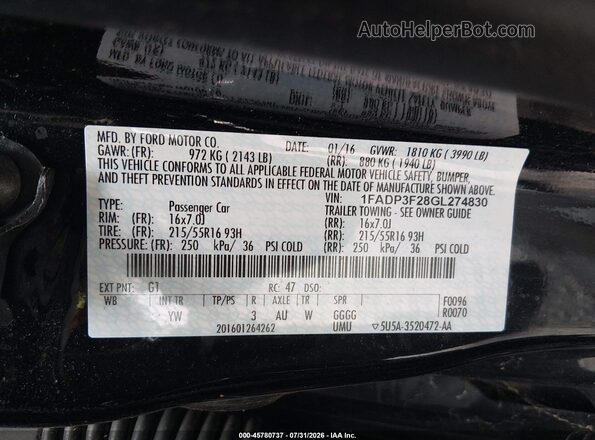 1FADP3F28GL274830 2016 FORD FOCUS Black Vista del compartimento del motor