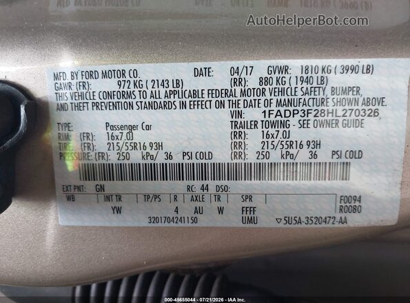 1FADP3F28HL270326 2017 FORD FOCUS Beige Вид підкапотного простору