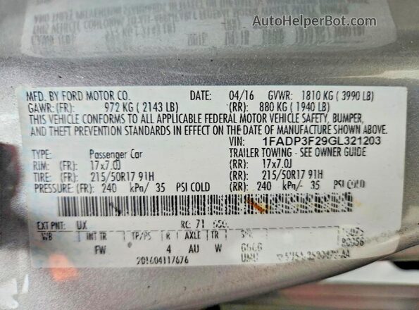 1FADP3F29GL321203 2016 FORD FOCUS Silver Widok komory silnika