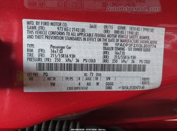 1FADP3F2XGL203774 2016 FORD FOCUS Red Vista del compartimento del motor