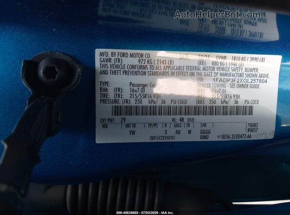 1FADP3F2XGL257804 2016 FORD FOCUS Blue Widok komory silnika