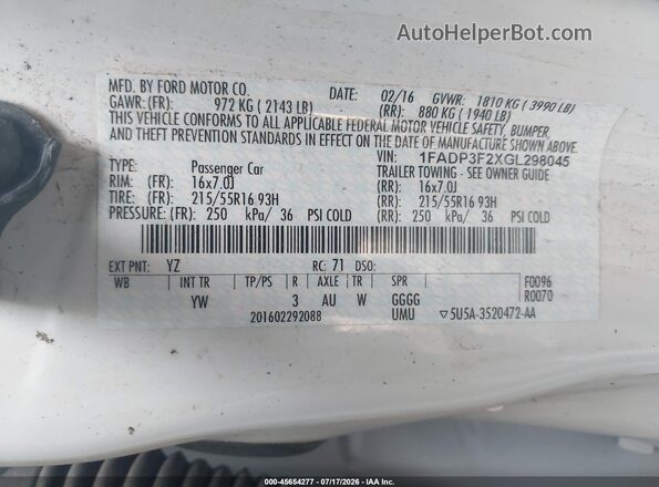 1FADP3F2XGL298045 2016 FORD FOCUS White Engine compartment view