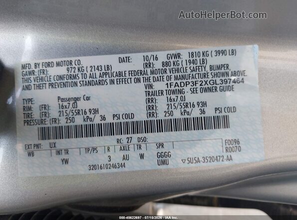 1FADP3F2XGL397464 2016 FORD FOCUS Silver ძრავის განყოფილების ხედი