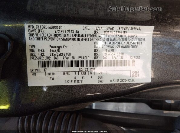 1FADP3FE1JL240181 2018 FORD FOCUS Серый Вид подкапотного пространства