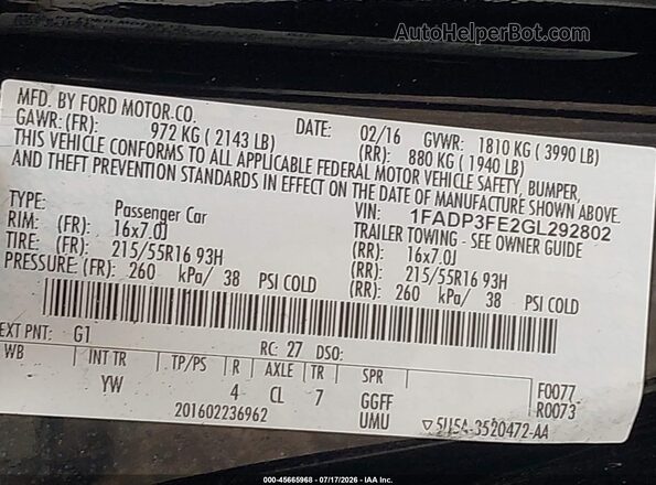 1FADP3FE2GL292802 2016 FORD FOCUS Black Vista del compartimento del motor