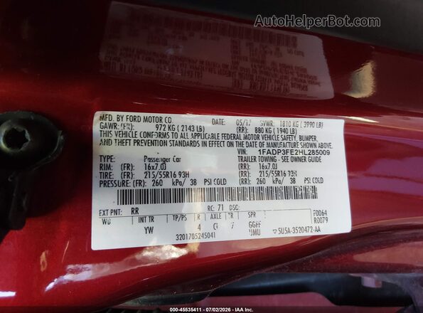 1FADP3FE2HL285009 2017 FORD FOCUS Red Շարժիչի բաժամունքի տեսք