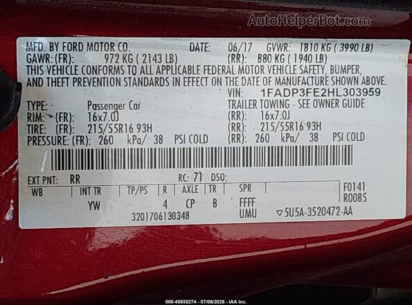 1FADP3FE2HL303959 2017 FORD FOCUS Red Widok komory silnika