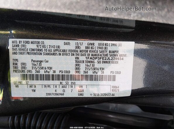 1FADP3FE2JL229934 2018 FORD FOCUS Gray Вид підкапотного простору