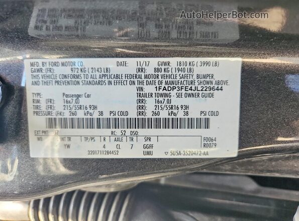 1FADP3FE4JL229644 2018 FORD FOCUS Charcoal Vista del compartimento del motor