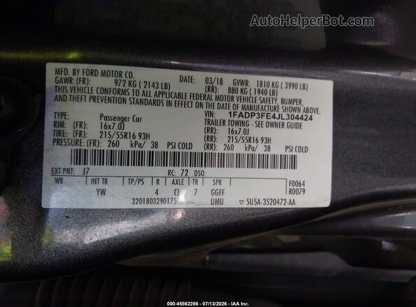 1FADP3FE4JL304424 2018 FORD FOCUS Gray ძრავის განყოფილების ხედი