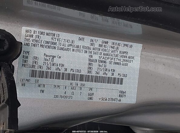 1FADP3FE7HL266021 2017 FORD FOCUS Silver Engine compartment view