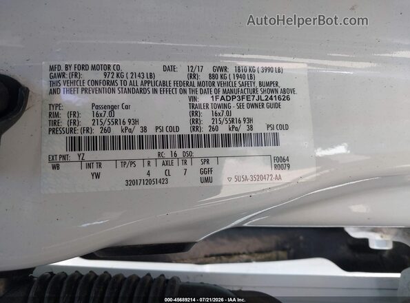 1FADP3FE7JL241626 2018 FORD FOCUS Белый Вид подкапотного пространства
