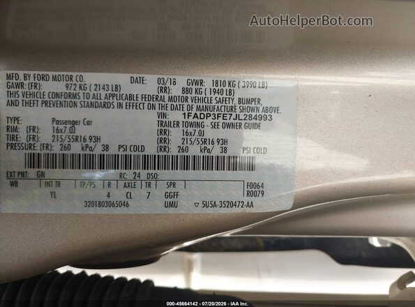 1FADP3FE7JL284993 2018 FORD FOCUS Tan Engine compartment view