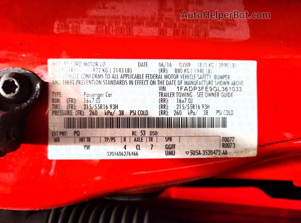 1FADP3FE9GL361033 2016 FORD FOCUS Красный Вид наклейки с VIN-кодом