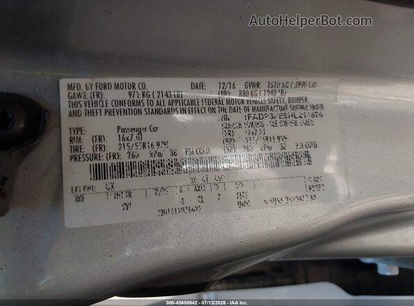 1FADP3FE9HL211876 2017 FORD FOCUS Silver ძრავის განყოფილების ხედი