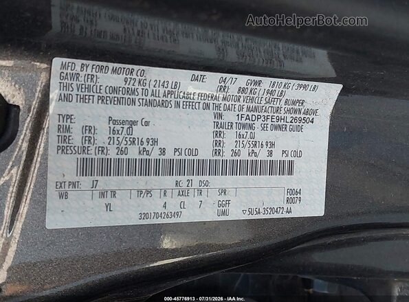 1FADP3FE9HL269504 2017 FORD FOCUS Gray ძრავის განყოფილების ხედი