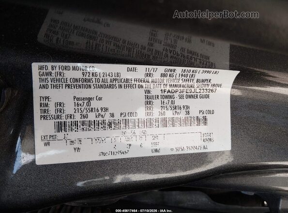 1FADP3FE9JL233267 2018 FORD FOCUS Gray Շարժիչի բաժամունքի տեսք