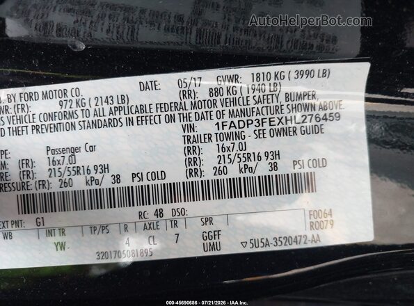 1FADP3FEXHL276459 2017 FORD FOCUS Black Vista del compartimento del motor