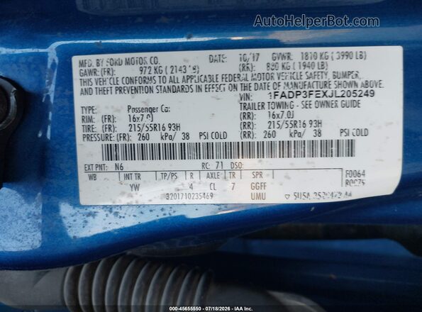 1FADP3FEXJL205249 2018 FORD FOCUS Blue Engine compartment view