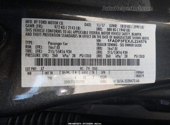 1FADP3FEXJL224576 2018 FORD FOCUS Gray Vista del compartimento del motor