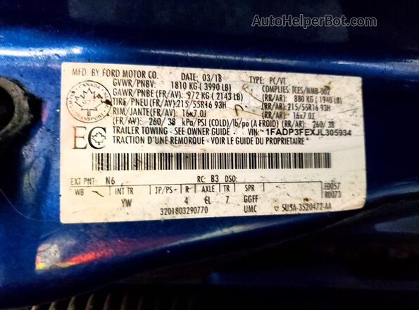 1FADP3FEXJL305934 2018 FORD FOCUS Blue VIN կոդի պիտակի տեսք