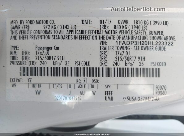 1FADP3H20HL223322 2017 FORD FOCUS Белый Вид подкапотного пространства