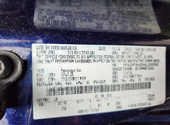 1FADP3H25HL205592 2017 FORD FOCUS Blue Вид підкапотного простору