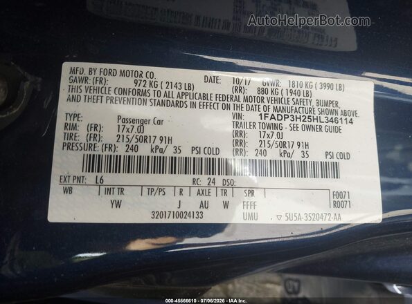 1FADP3H25HL346114 2017 FORD FOCUS Синий Вид подкапотного пространства