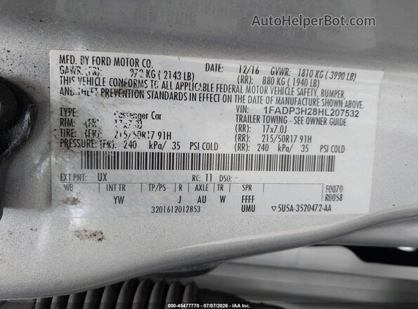 1FADP3H28HL207532 2017 FORD FOCUS Silver ძრავის განყოფილების ხედი