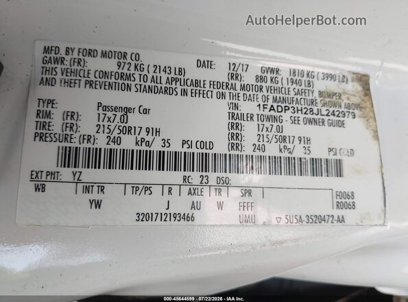 1FADP3H28JL242979 2018 FORD FOCUS White Вид підкапотного простору