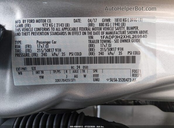1FADP3H2XHL269840 2017 FORD FOCUS Silver Engine compartment view