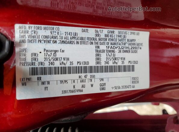 1FADP3J21HL295074 2017 FORD FOCUS Red Widok naklejki z numerem VIN
