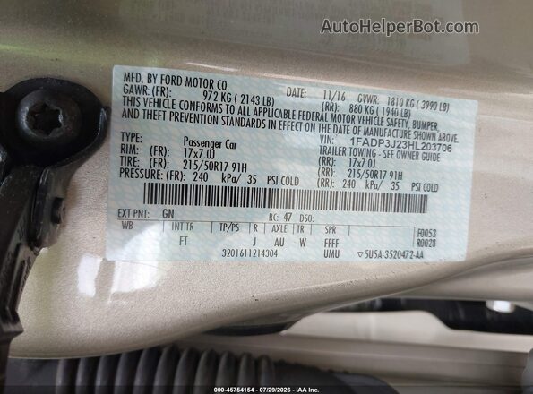 1FADP3J23HL203706 2017 FORD FOCUS Gold Вид підкапотного простору