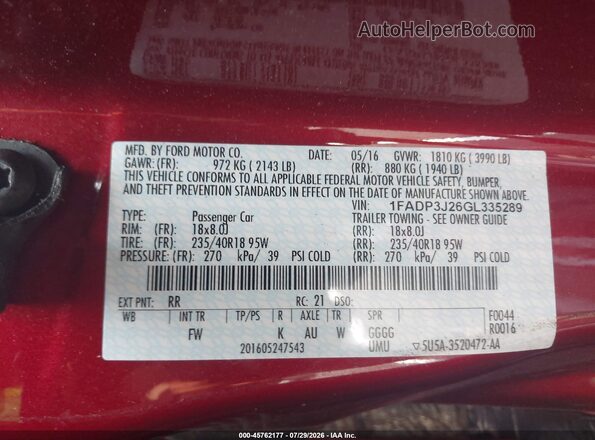 1FADP3J26GL335289 2016 FORD FOCUS Red ძრავის განყოფილების ხედი