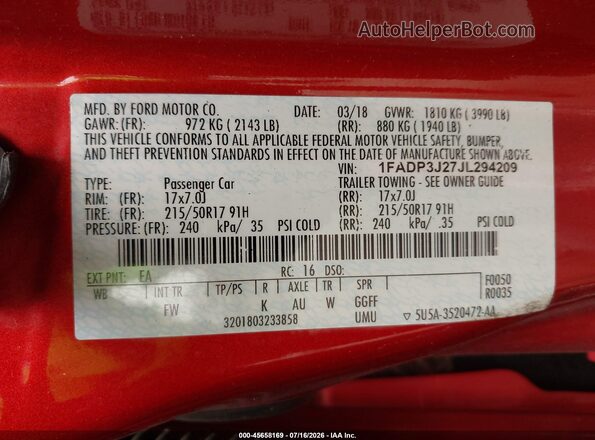 1FADP3J27JL294209 2018 FORD FOCUS Red Вид підкапотного простору