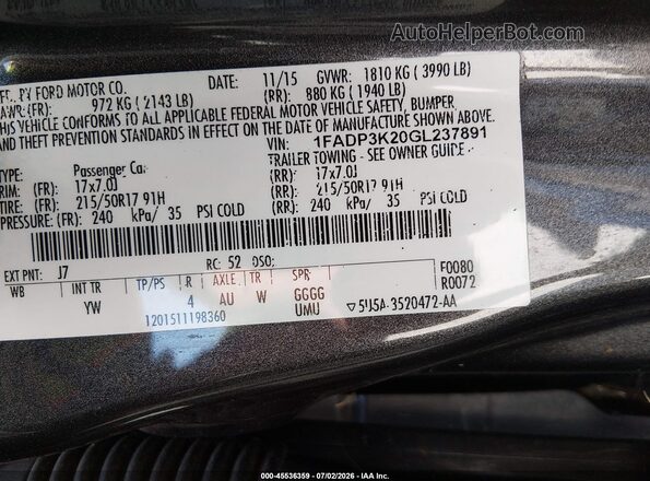 1FADP3K20GL237891 2016 FORD FOCUS Gray Շարժիչի բաժամունքի տեսք