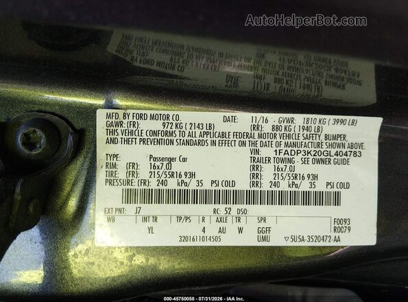 1FADP3K20GL404783 2016 FORD FOCUS Серый Вид подкапотного пространства